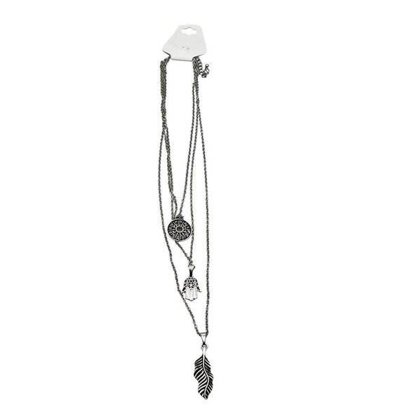 Layered Antique Silver Pendant Necklace With Compass Hamsa Hand & Feather Charms - Picture 3 of 12